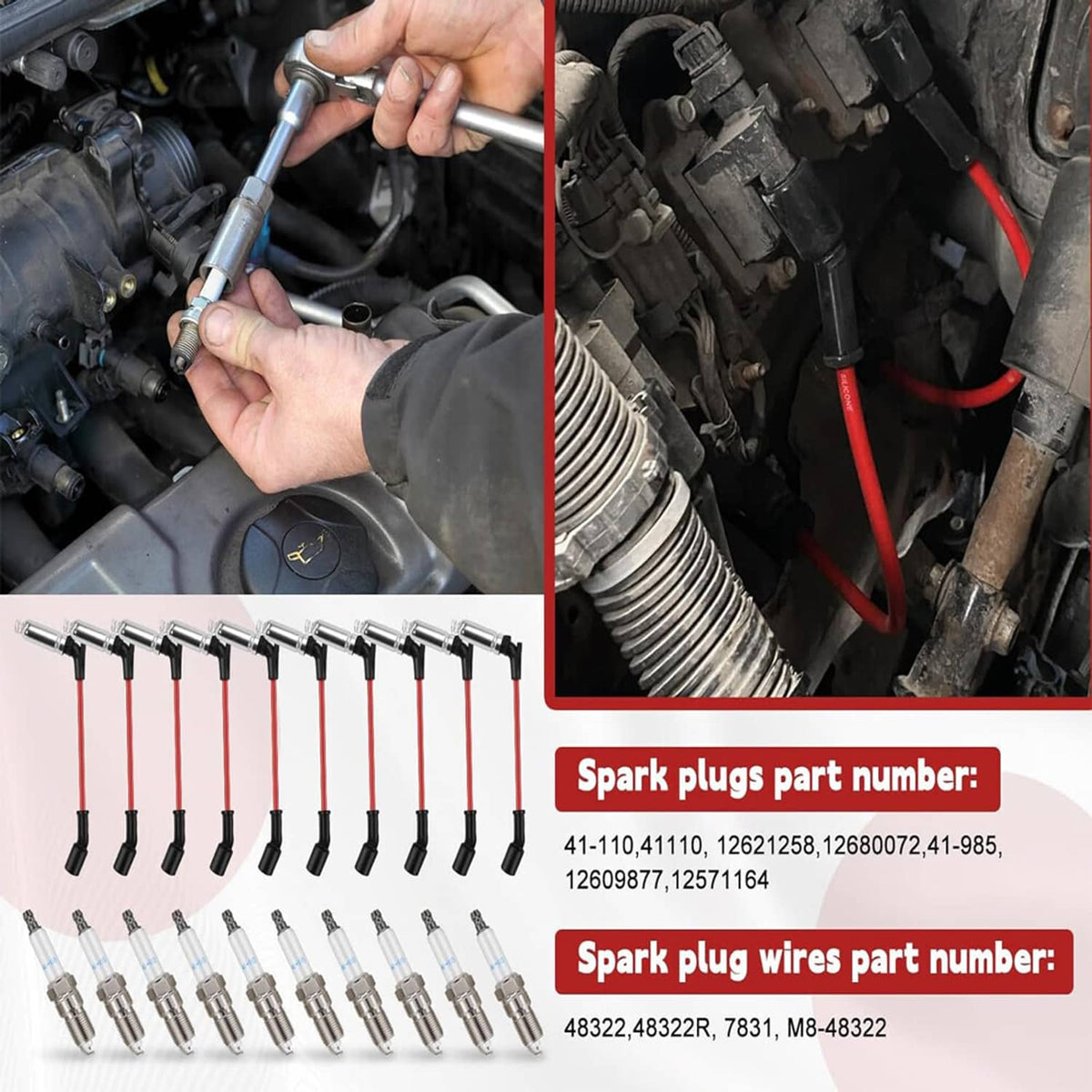 Spark plug wire set with spark plugs being installed in an engine bay