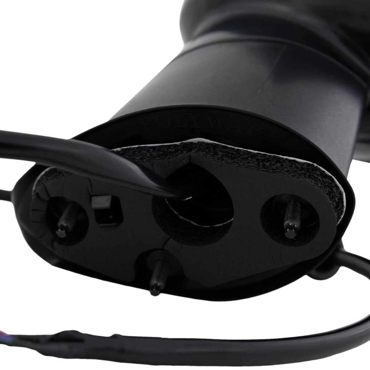 Heated passenger side mirror housing with screw holes and connector area