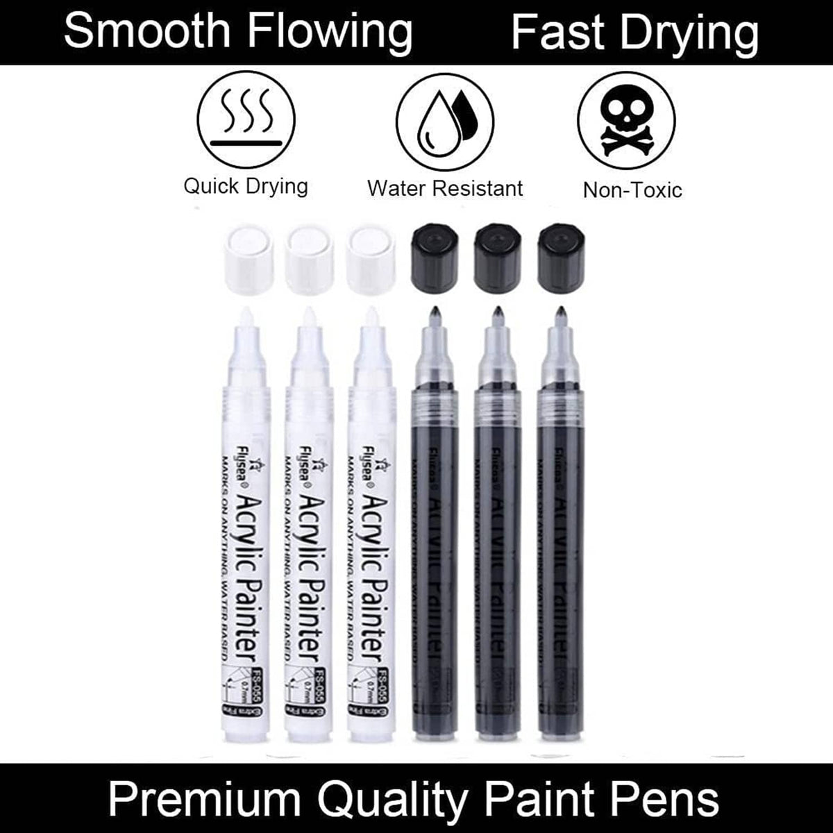 Acrylic paint pens set with black and white markers labeled smooth, fast-drying, non-toxic