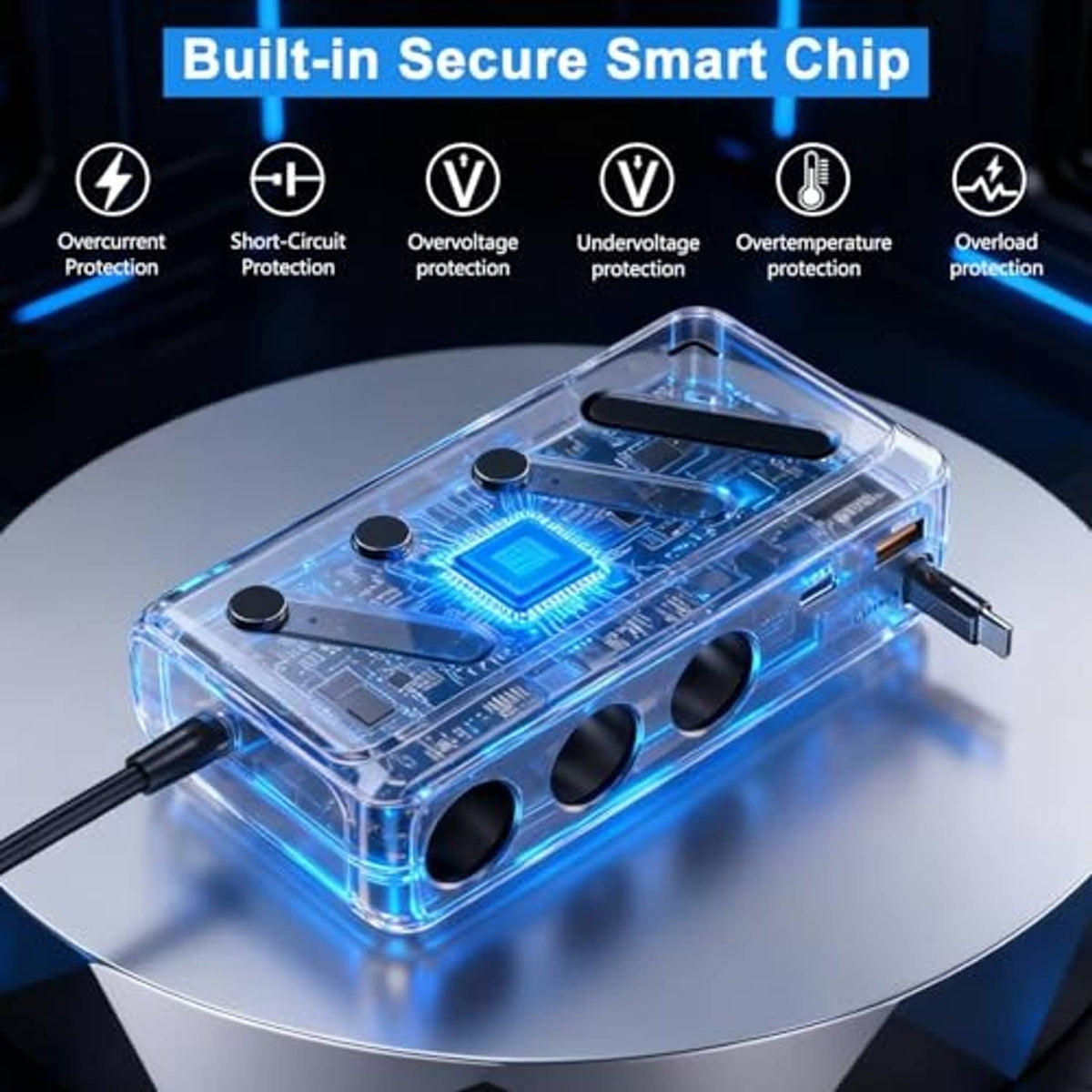 Car charger splitter with transparent smart-chip casing and blue-lit internal circuitry