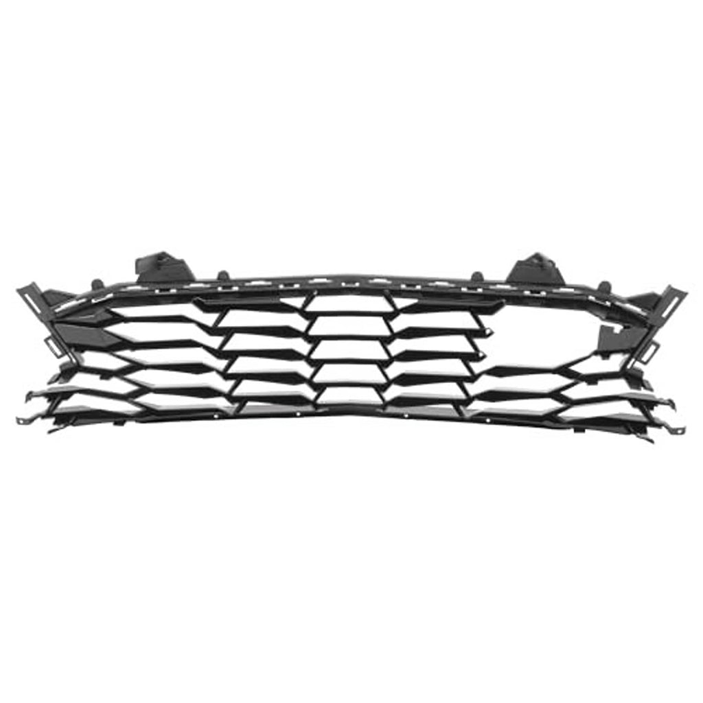 Wide view of black front grille with crisscross horizontal openings