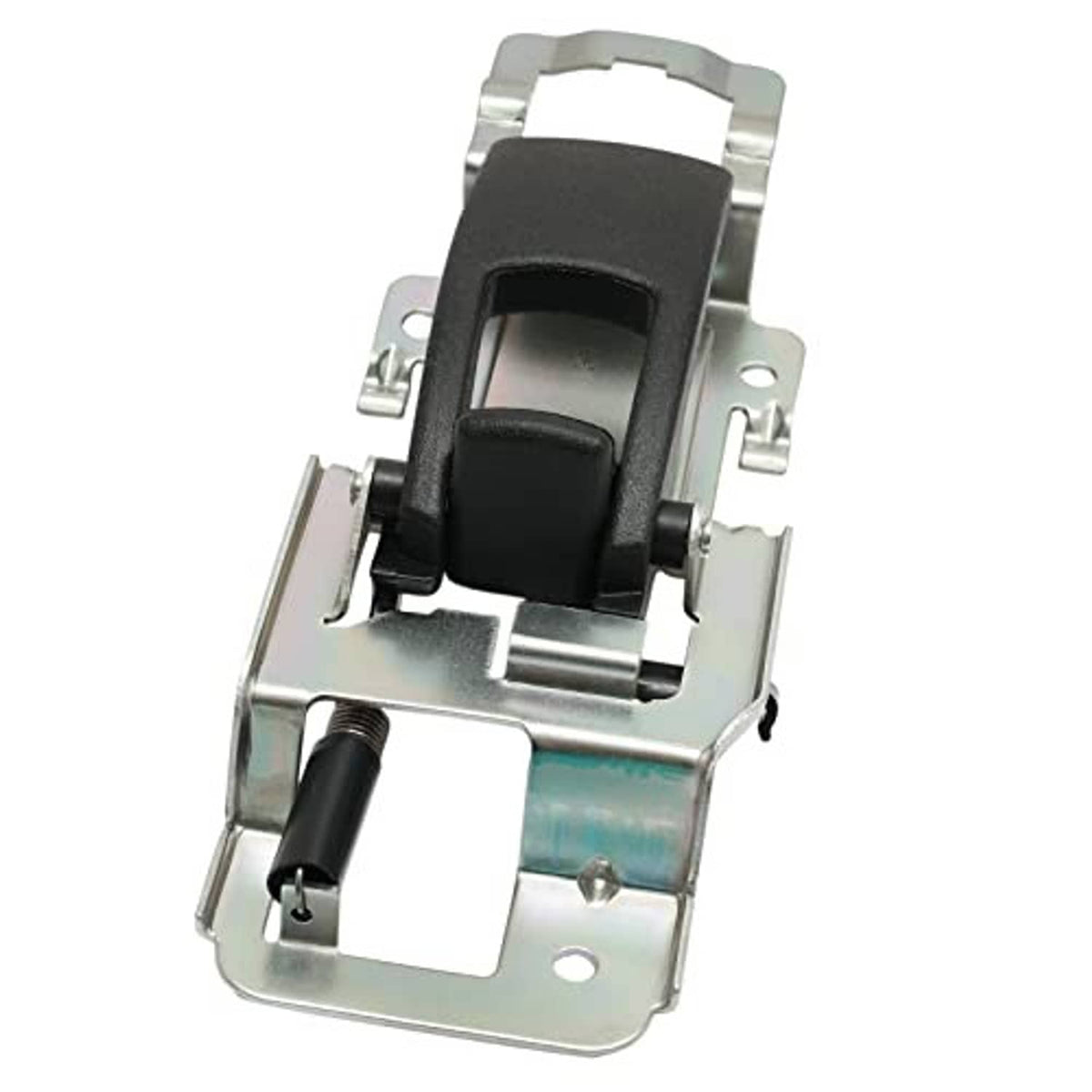Interior door handle latch with black handle grip and silver metal frame