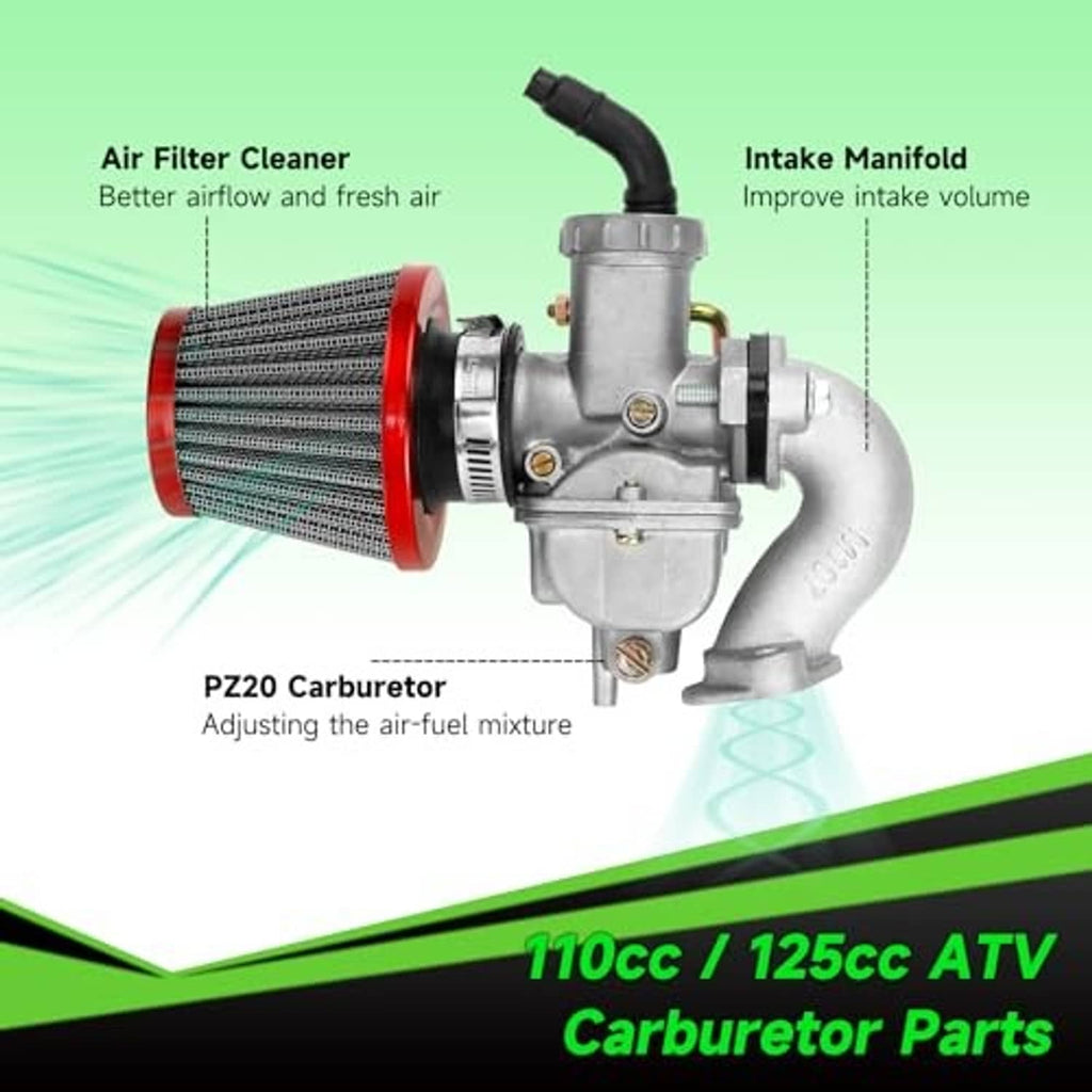 PZ20 carburetor with red air filter and intake manifold, side view