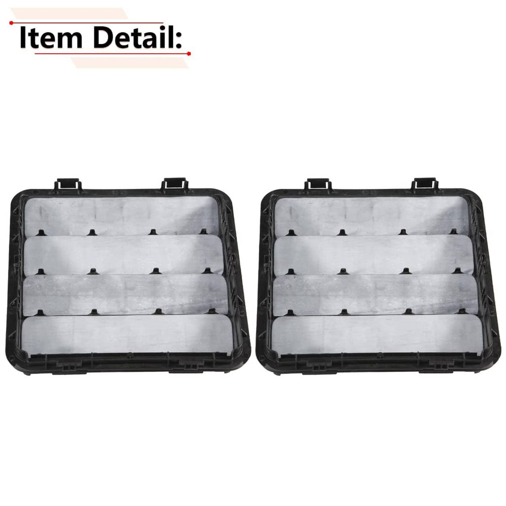 Two black rectangular vent covers with molded grid slats and mounting tabs