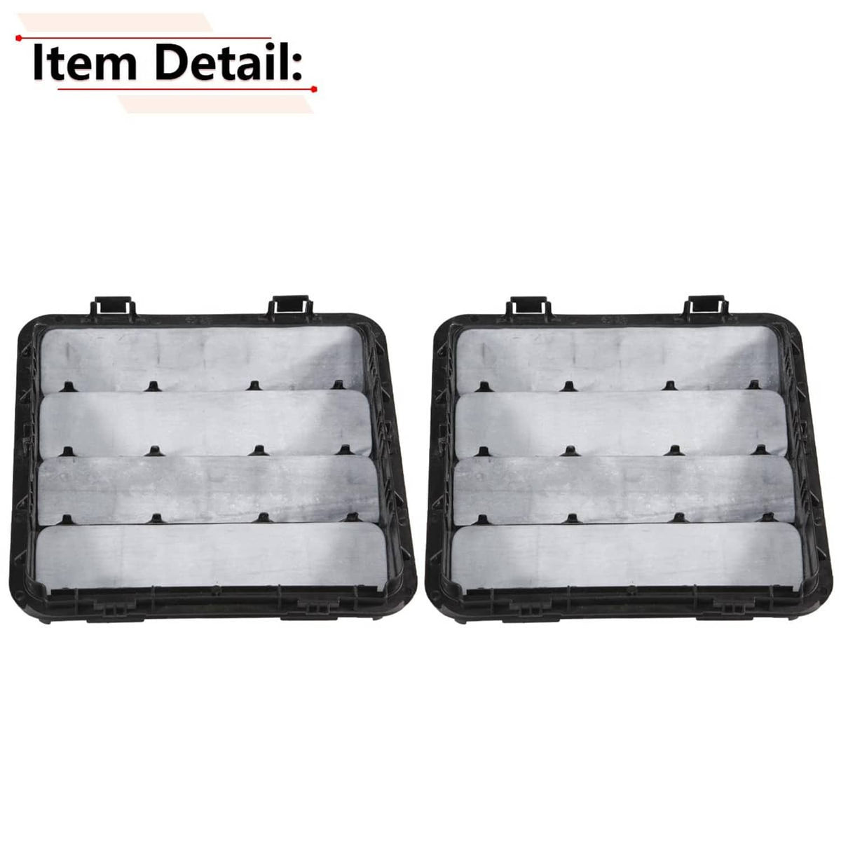 Two black rectangular vent covers with molded grid slats and mounting tabs