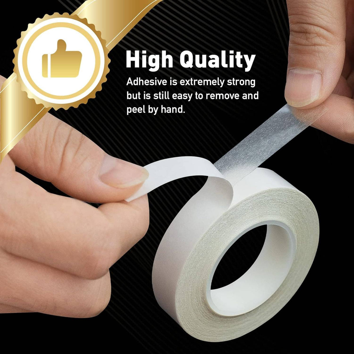 Hands holding thin double-sided tape, showing gray core and white adhesive strip
