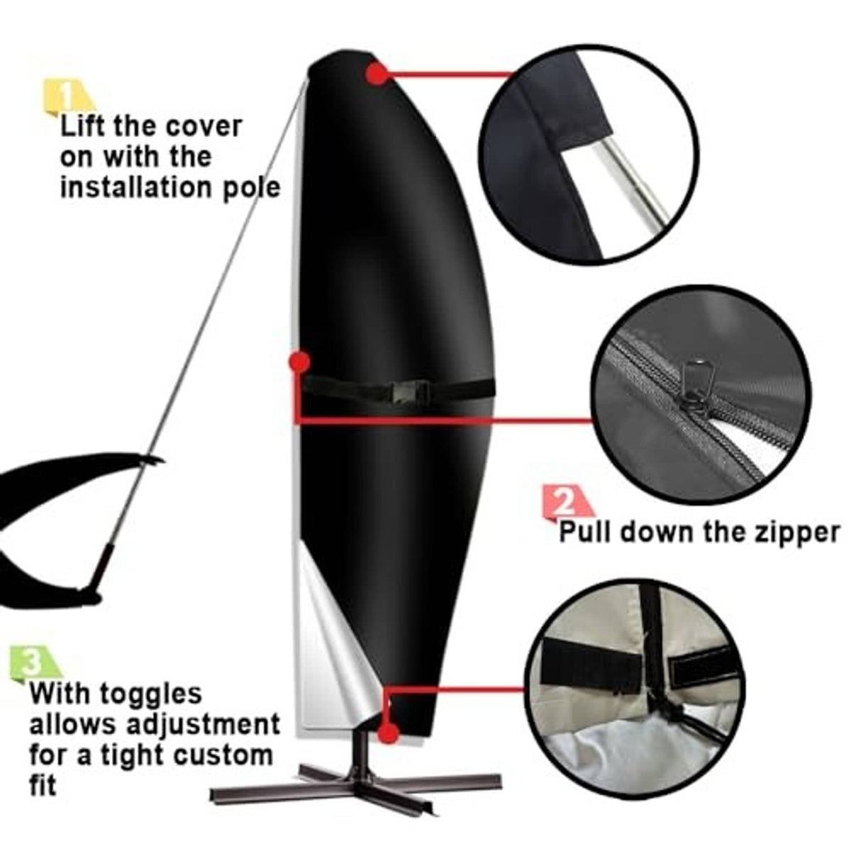 Black cantilever umbrella cover showing zipper and adjustable toggles for tight fit.