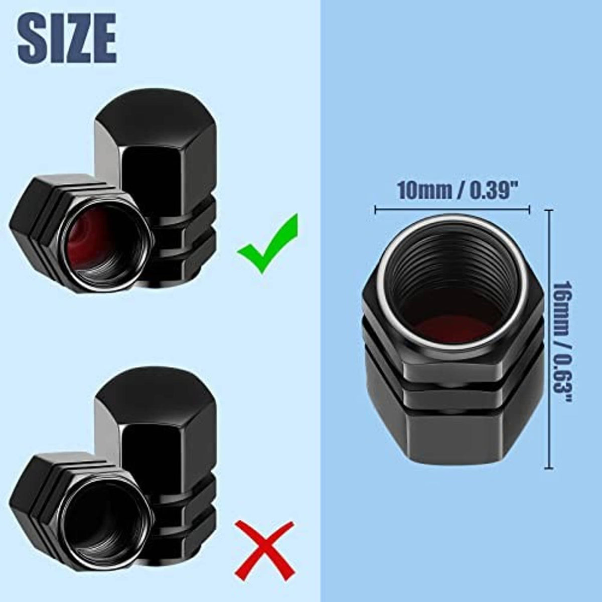 Black tire valve stem caps with metal hex body and visible threaded inner rim