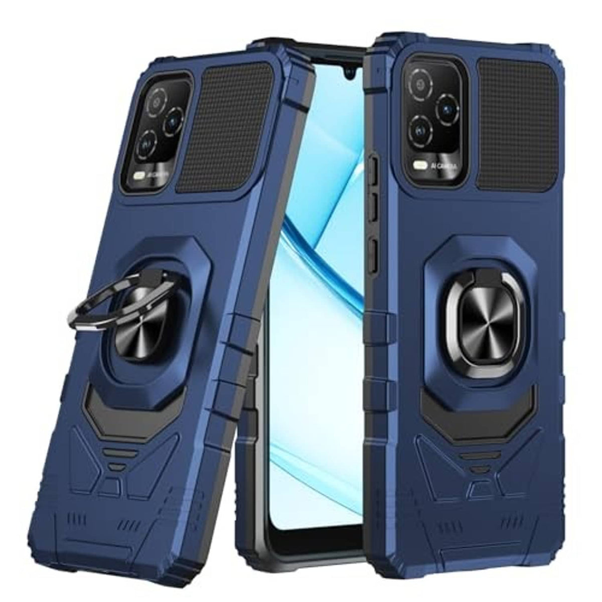 Blue rugged phone case with tempered glass screen protector and ring stand, front and back views