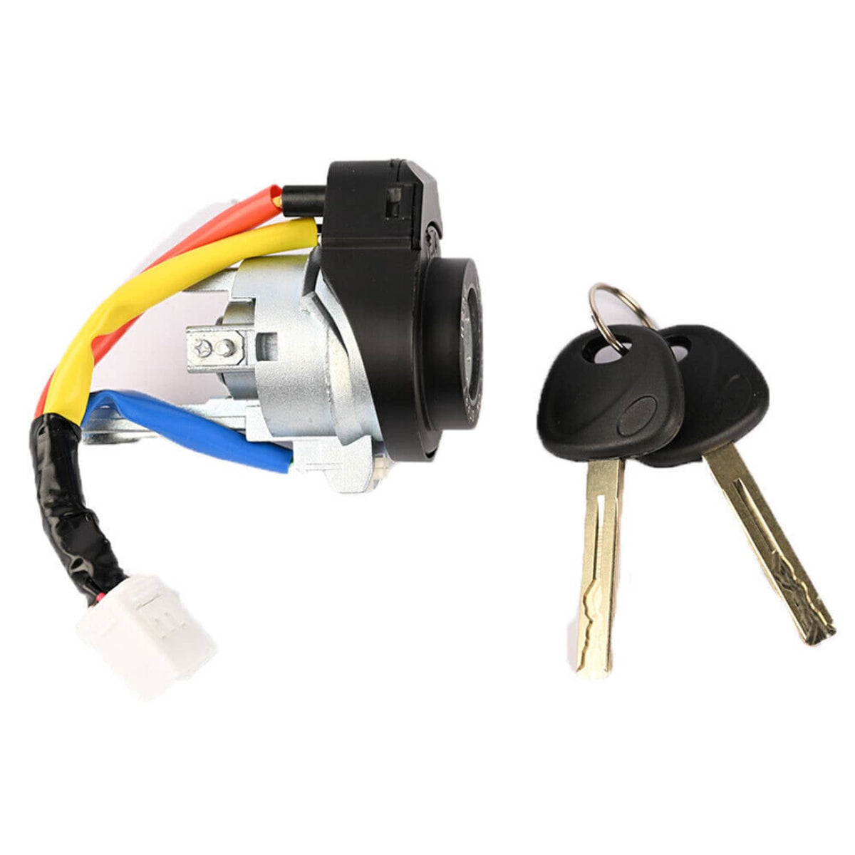 Ignition lock cylinder switch with two keys and gray metal body, rear angle