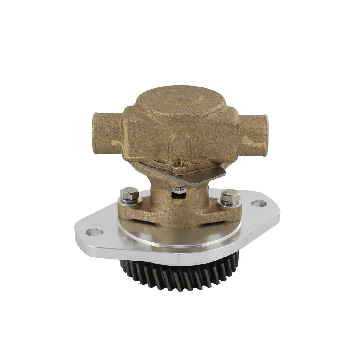 Raw water pump with bronze cast housing, round flange mount, and gear at front