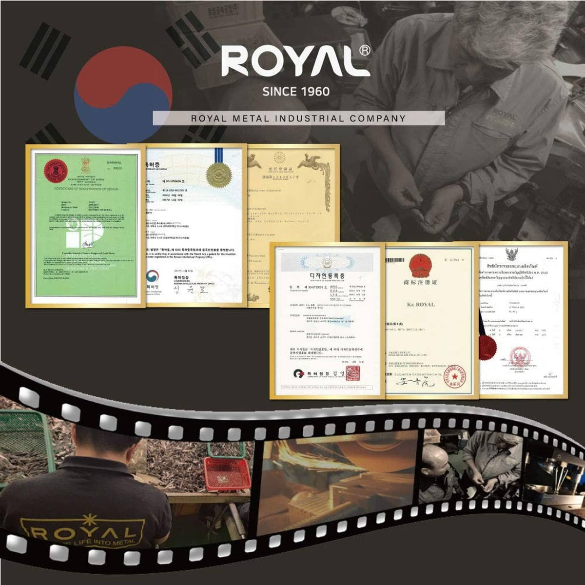 ROYAL certificates and brand film-strip collage for metal grooming trimmer