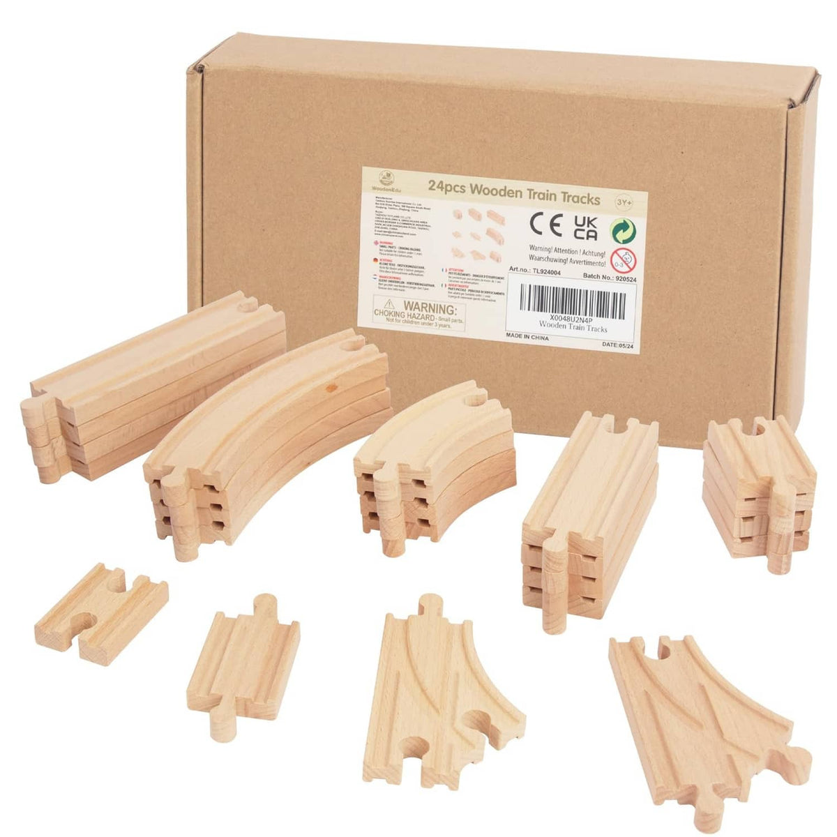 Cardboard box with light wood train track pieces, including straight and curved rails.