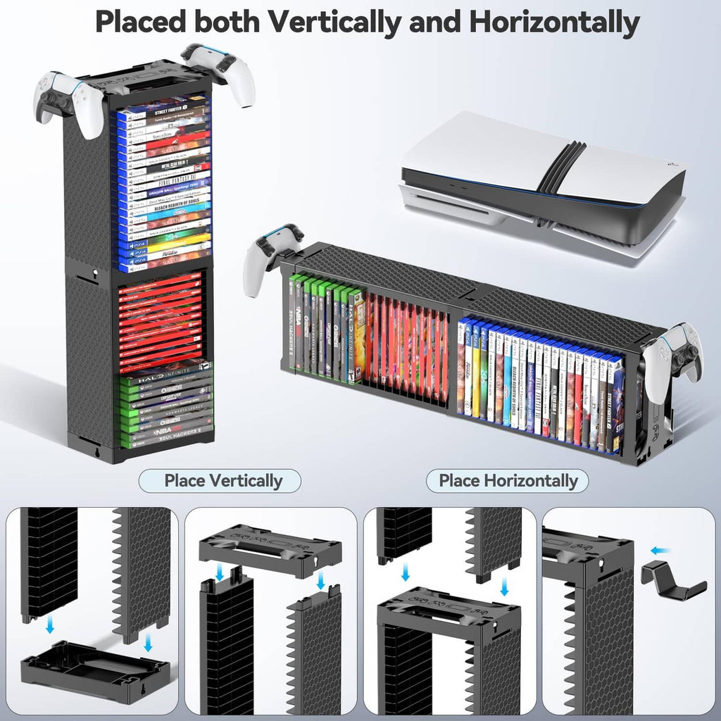Black two-tier game disc rack tower shown standing vertically and lying horizontally
