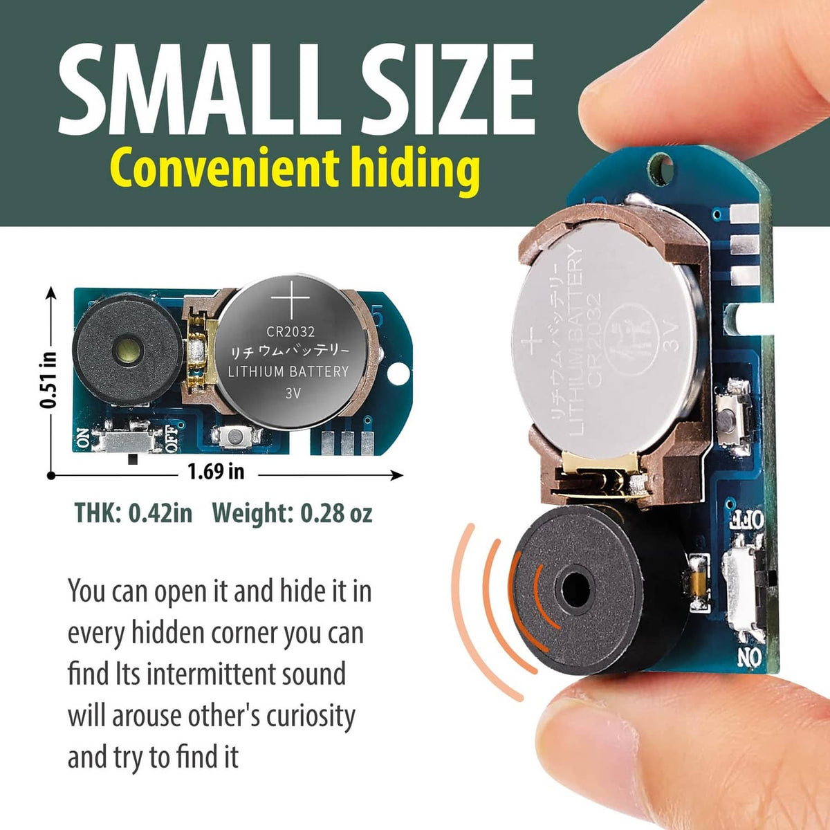 Mini blue prank noise maker with open housing, CR2032 battery, and speaker disc