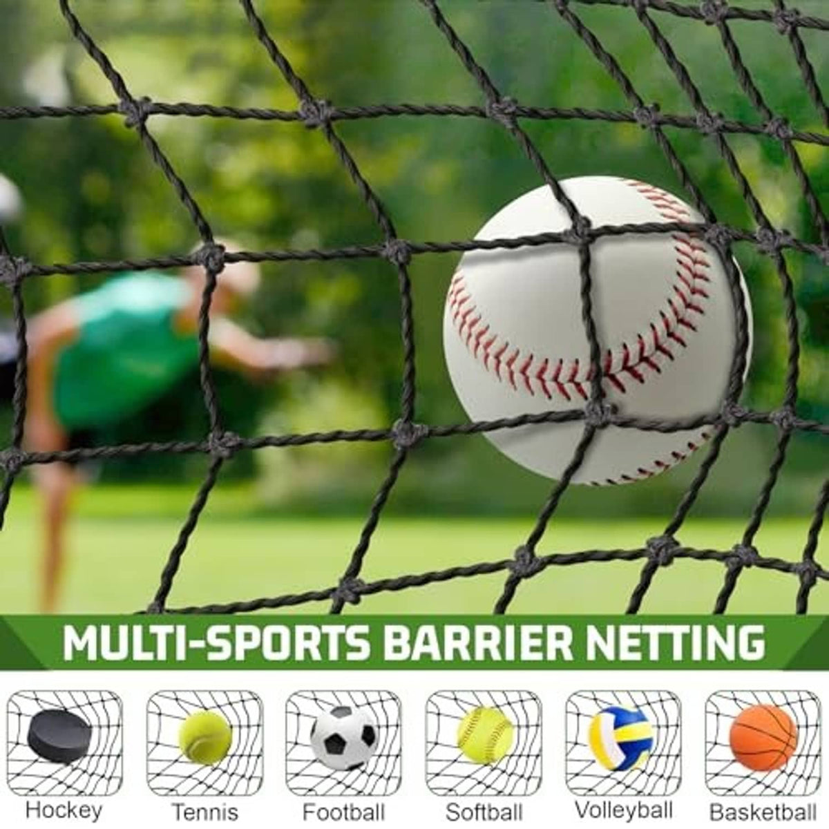 Close-up of net mesh stopping a baseball ball through the square openings