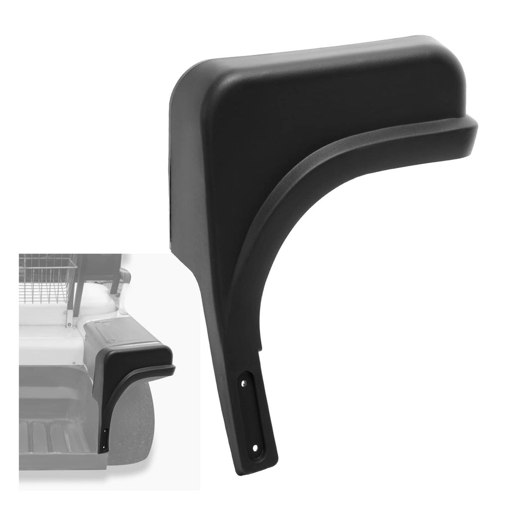 Black plastic right golf cart fender cap with mounting hole and curved edge