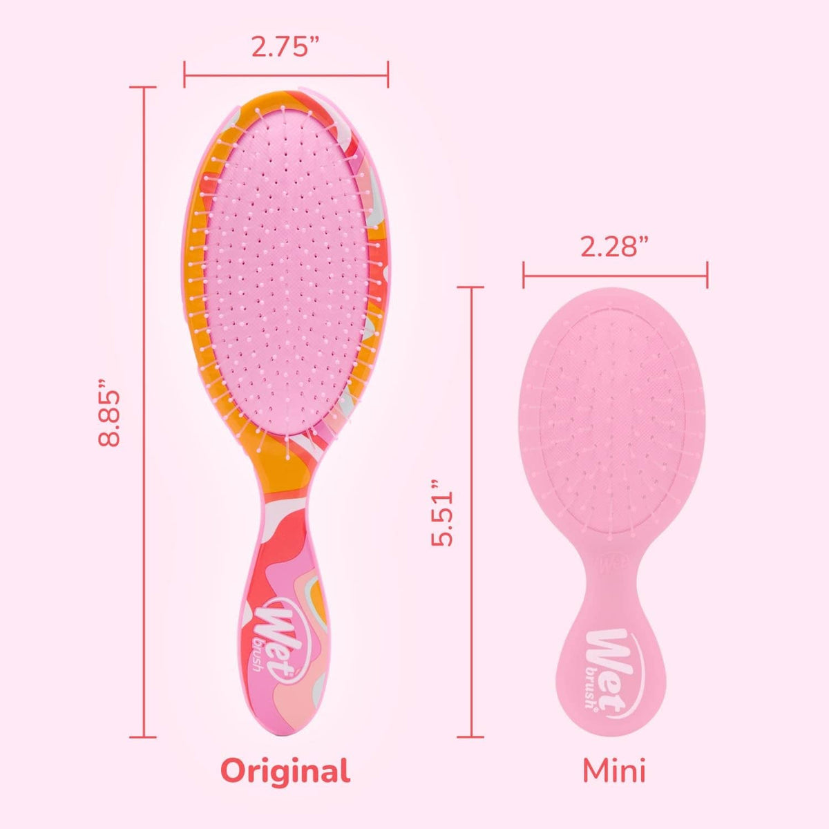 Two detangling brushes shown: large Original and smaller Mini, pink oval heads.