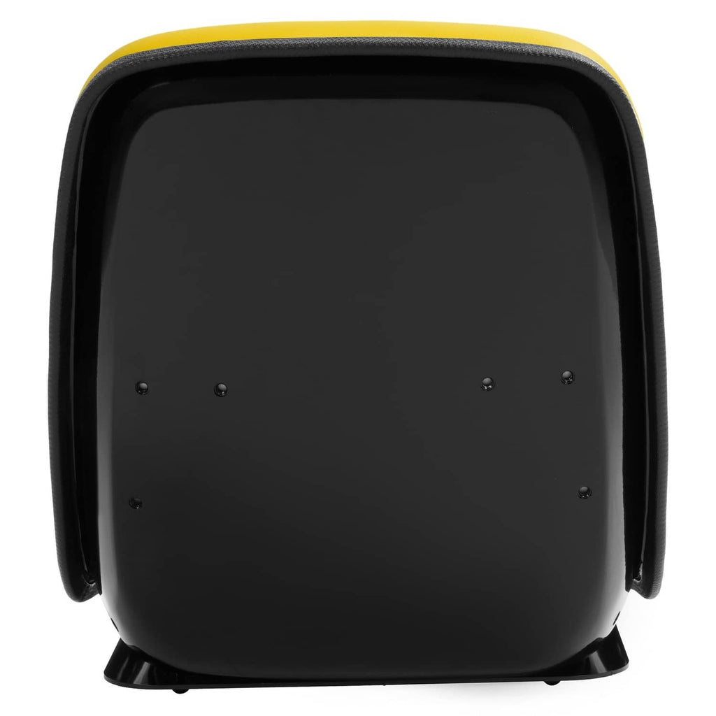 Black tractor seat base with oval access panel and mounting holes