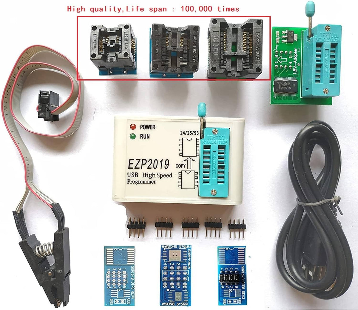 EZP2019 USB SPI chip programmer with multiple IC socket modules and hookup cables
