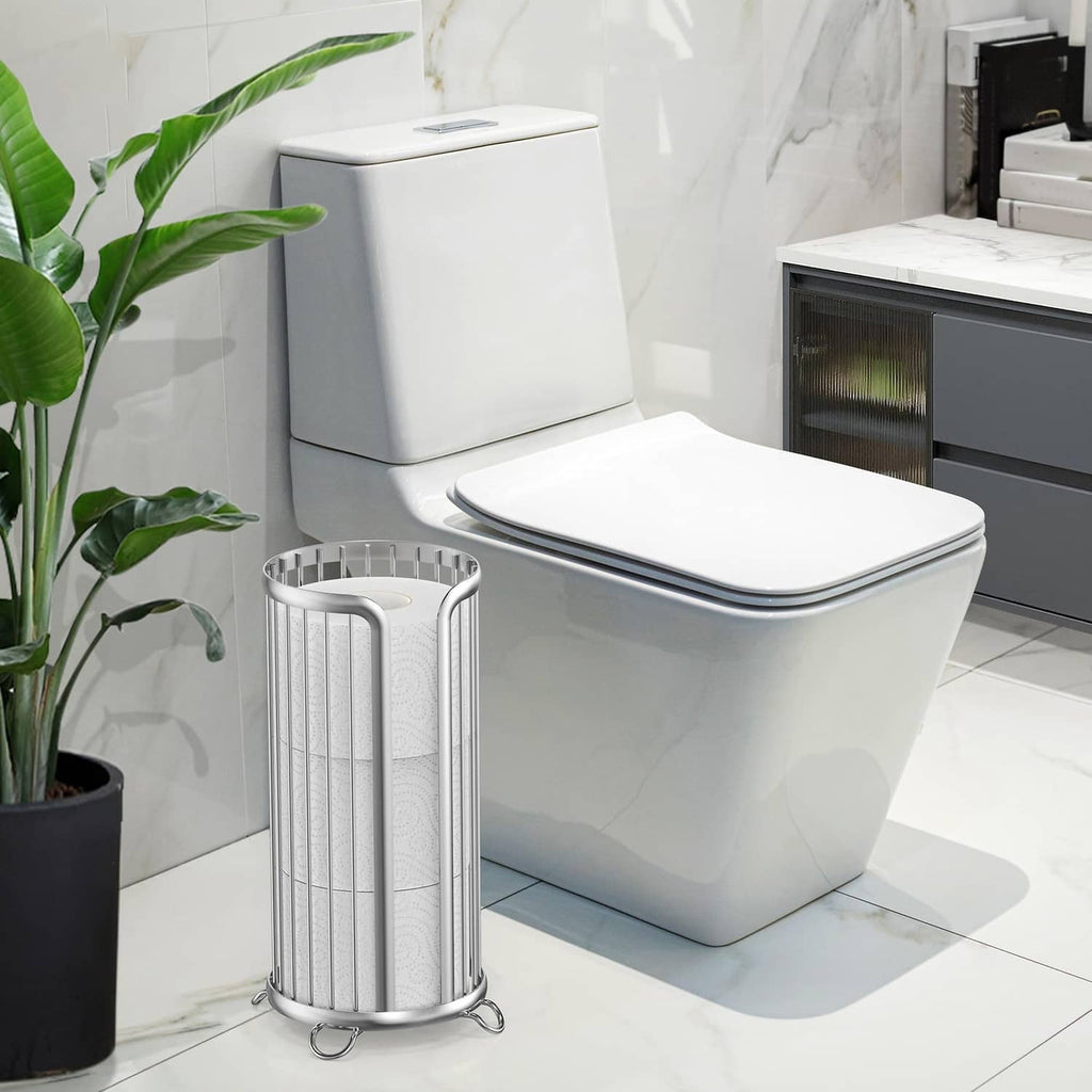 Freestanding silver wire toilet paper holder stand with tissue rolls, on loop feet