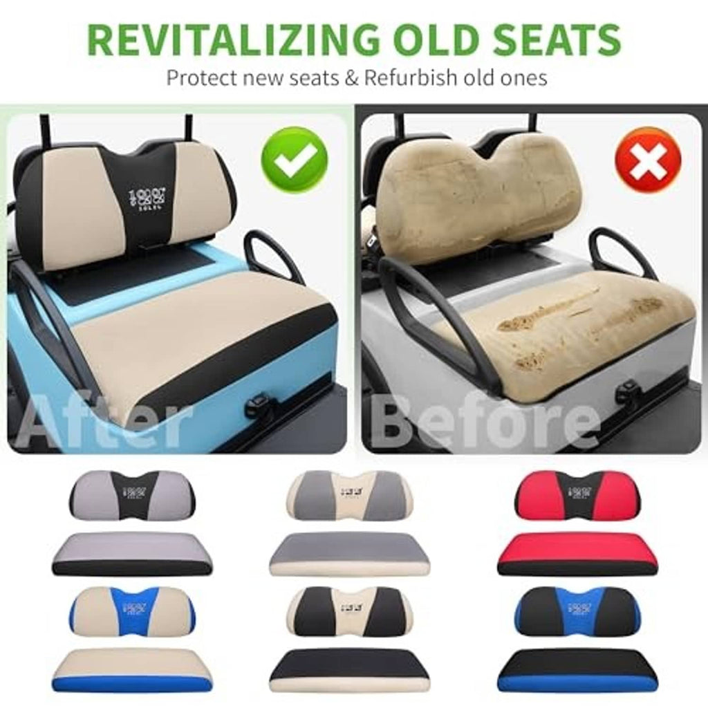 Beige and black golf cart seat cover with before-and-after refurbished seat panels