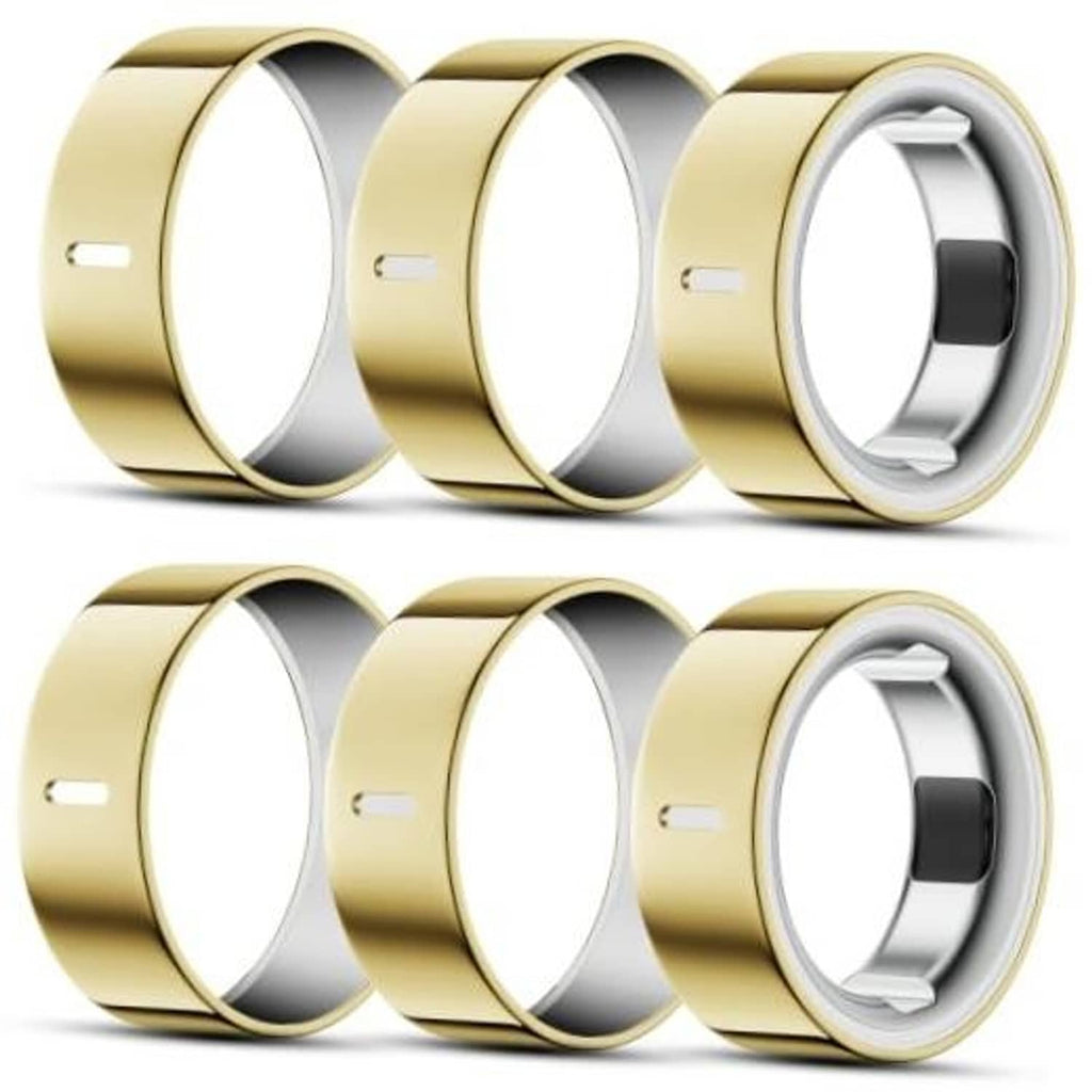 Six pack gold ring covers with gray interior, stacked angled views
