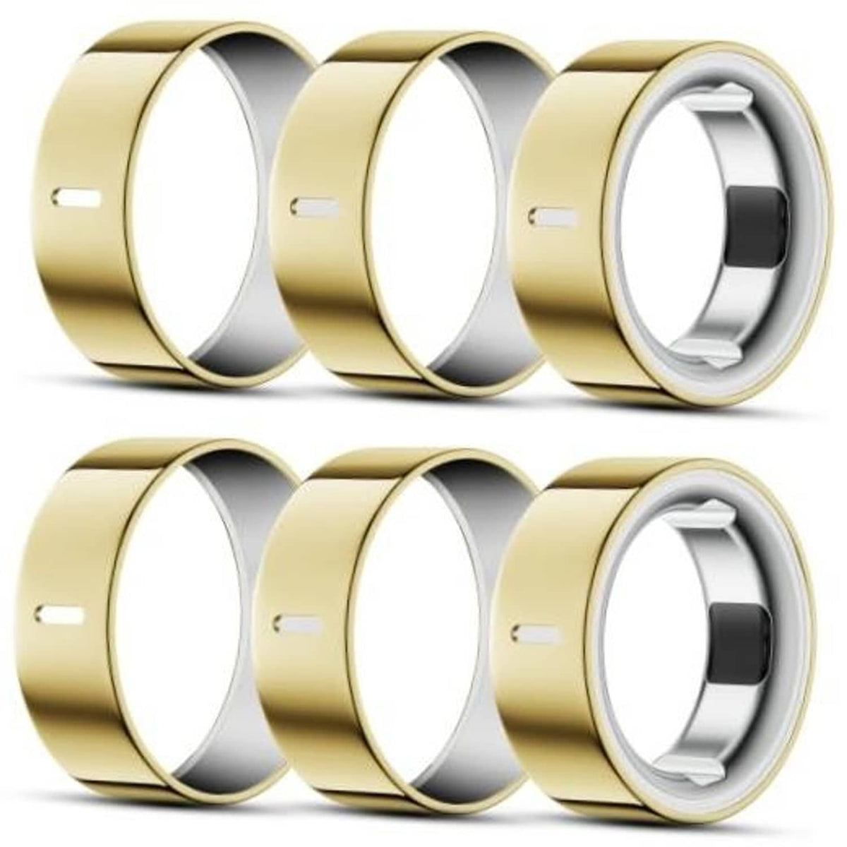 Six pack gold ring covers with gray interior, stacked angled views