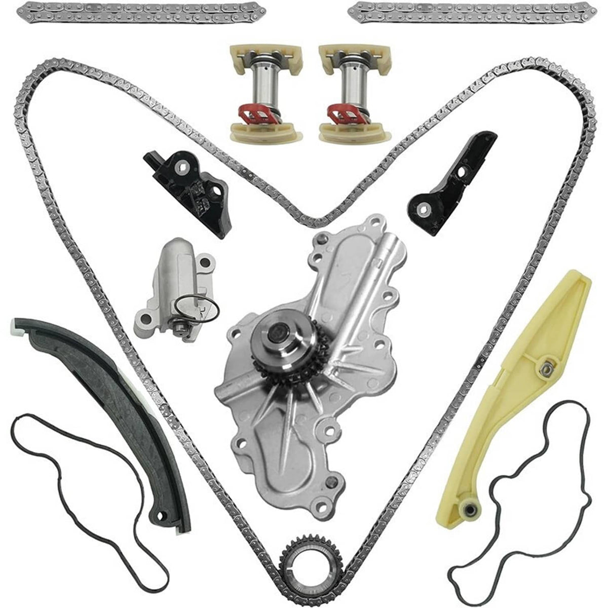 Timing chain and water pump kit layout with pump, chains, guides, tensioners, and seals