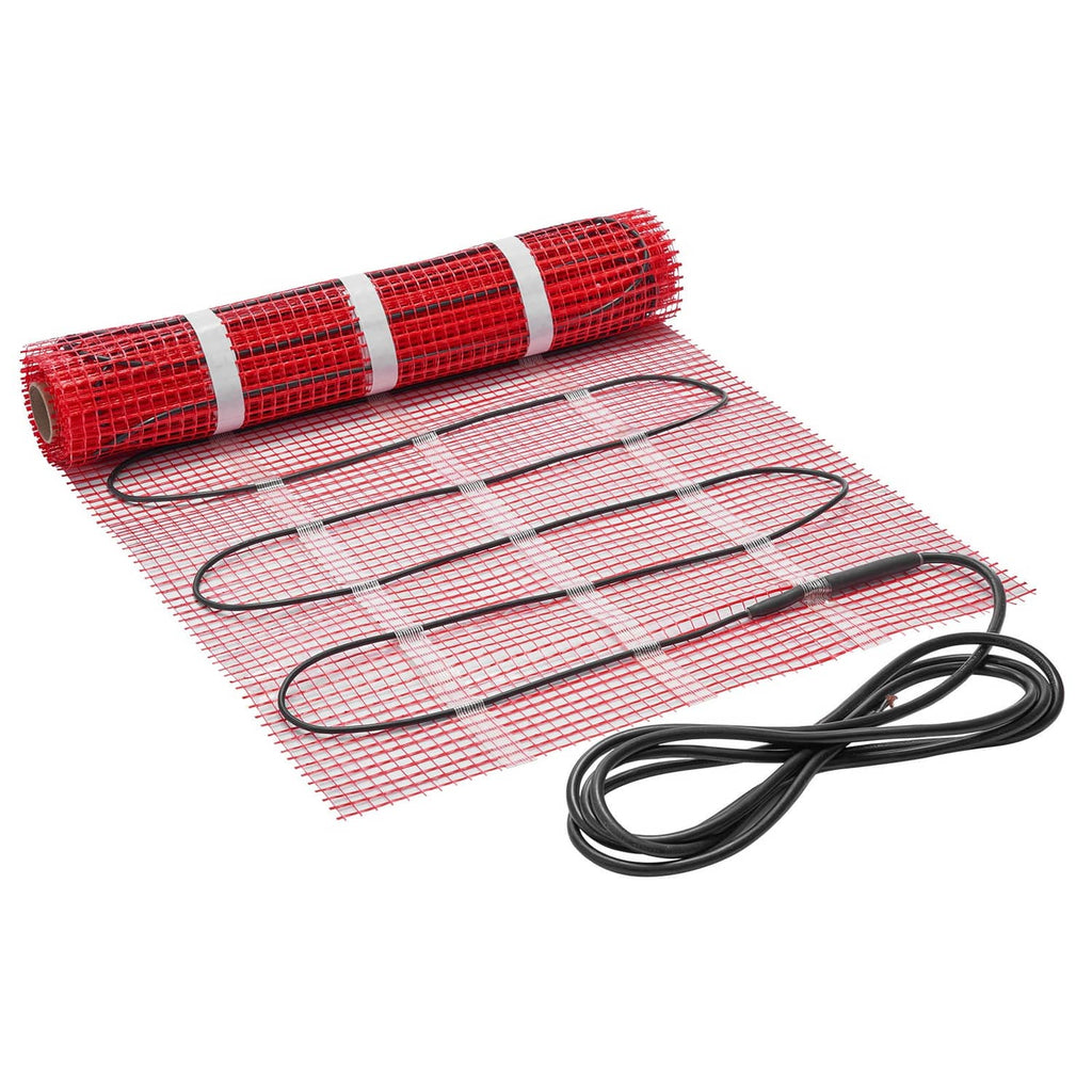 Self-adhesive radiant floor heating mat roll with red mesh and connected black cable