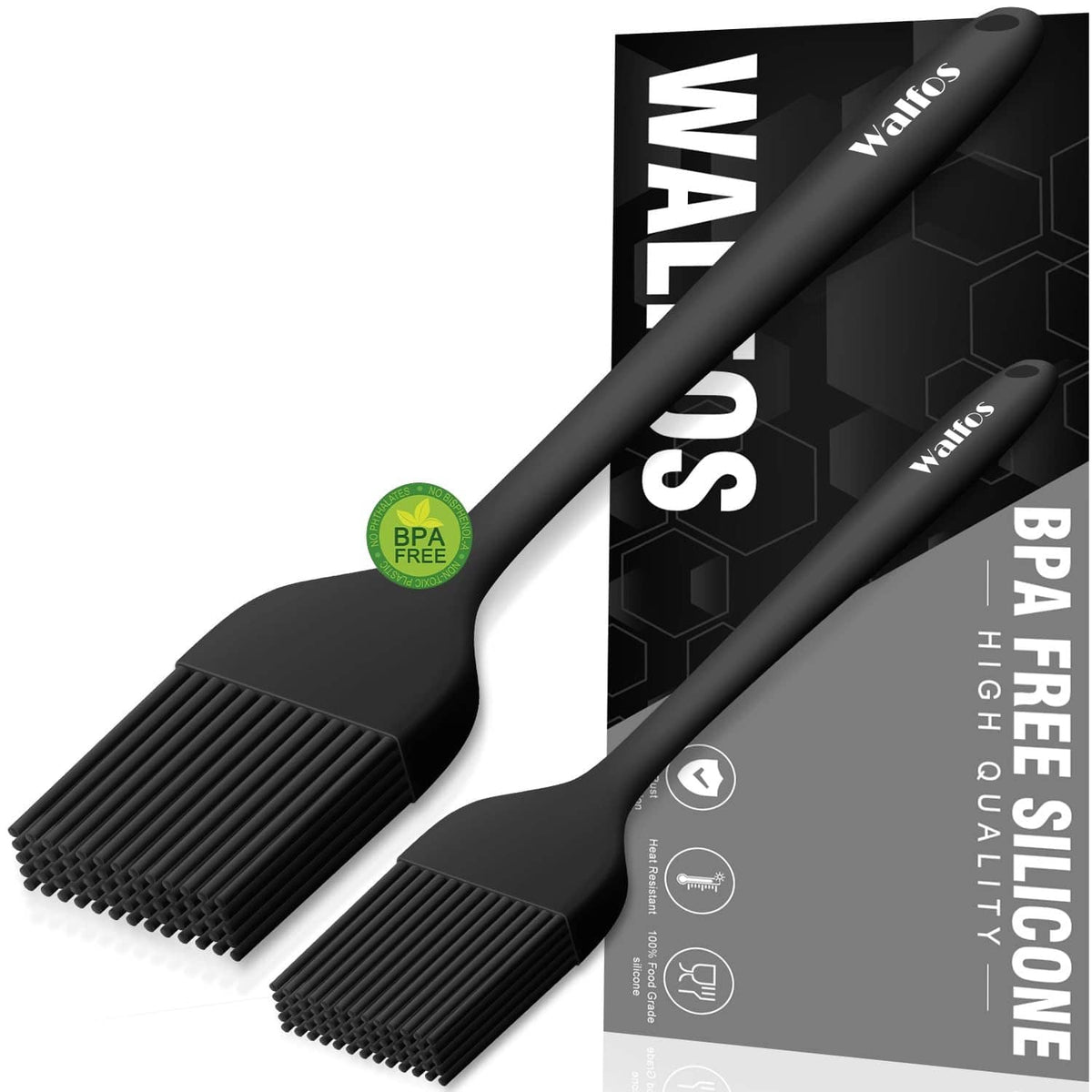 Black silicone basting pastry brush with wide ribbed head, BPA-free label