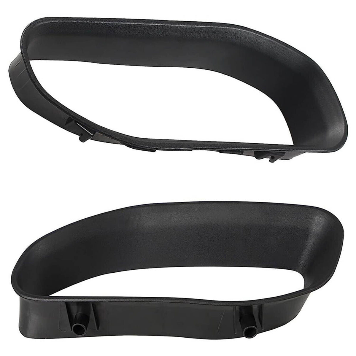 Two-piece black tow hook bezel cover set with open cutouts and mounting holes