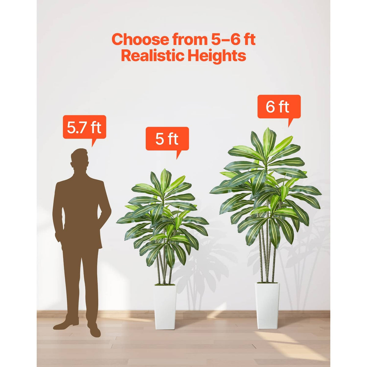 Tall artificial dracaena tree with green leaves in a white pot for indoor use