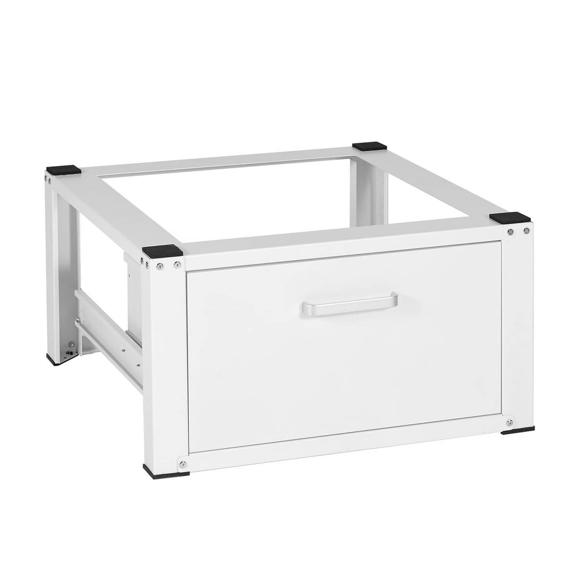 White steel washer dryer pedestal stand platform with storage drawer and open base