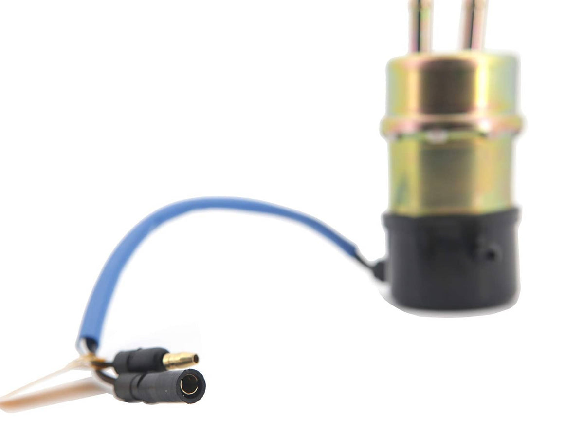 Electric fuel pump top with terminal posts and blue wire with inline connector