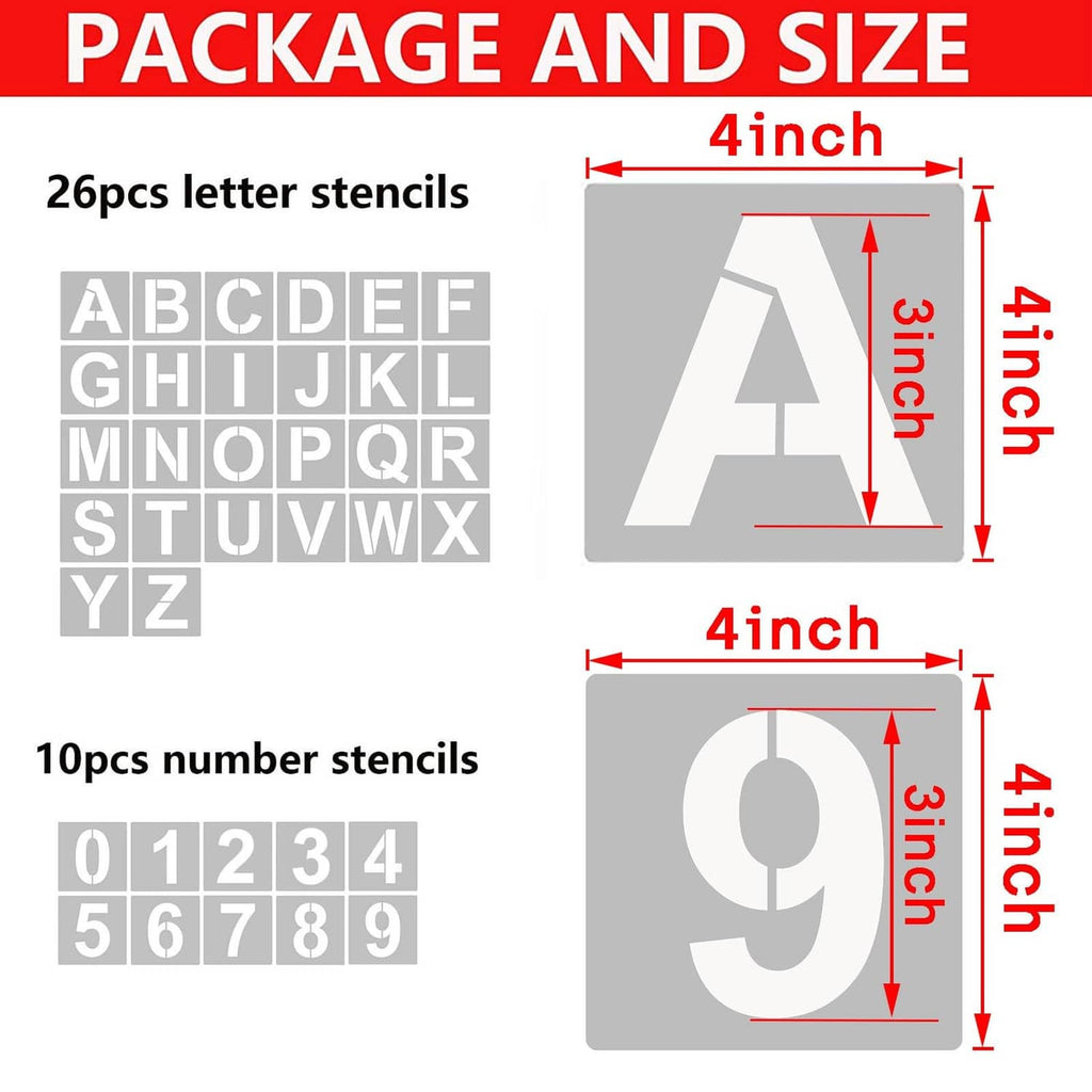 4-inch letter and number stencil templates showing A–Z and 0–9 on plastic cards