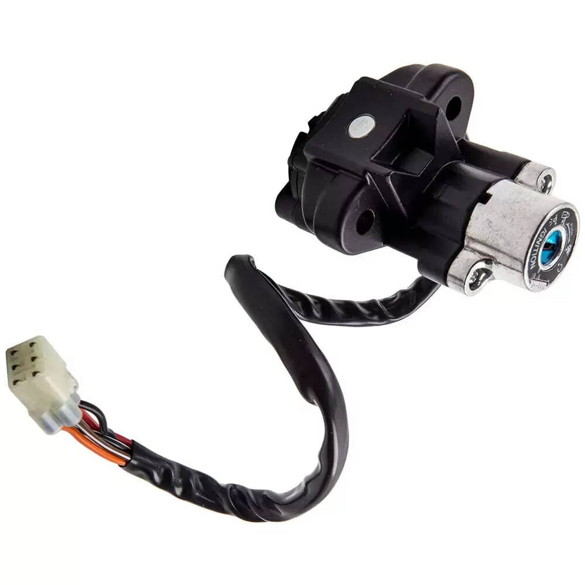 Ignition switch lock cylinder with black wire harness and electrical connector, angled