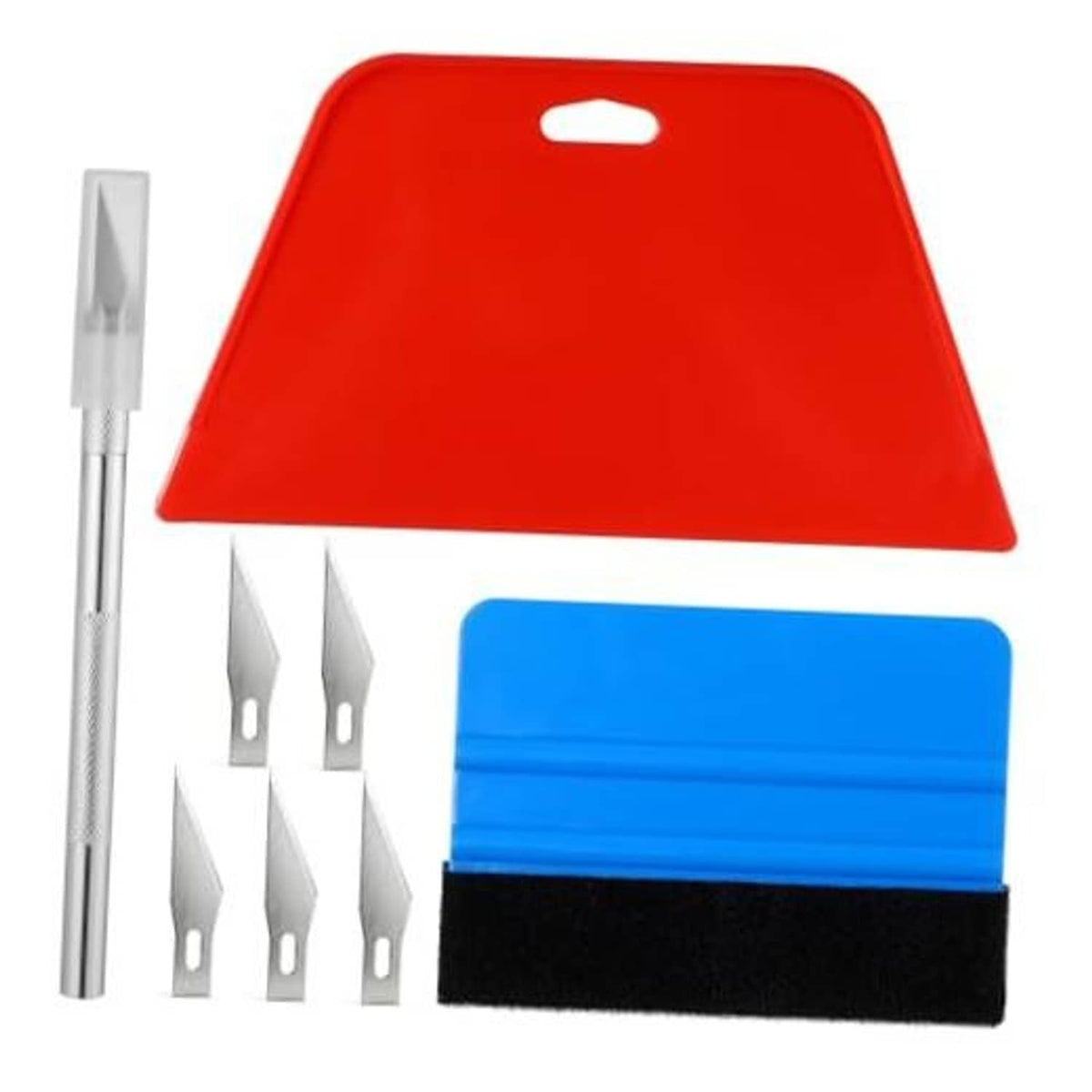 Vinyl wrap squeegee tool set: red scraper, blue felt pad, silver blades, handle