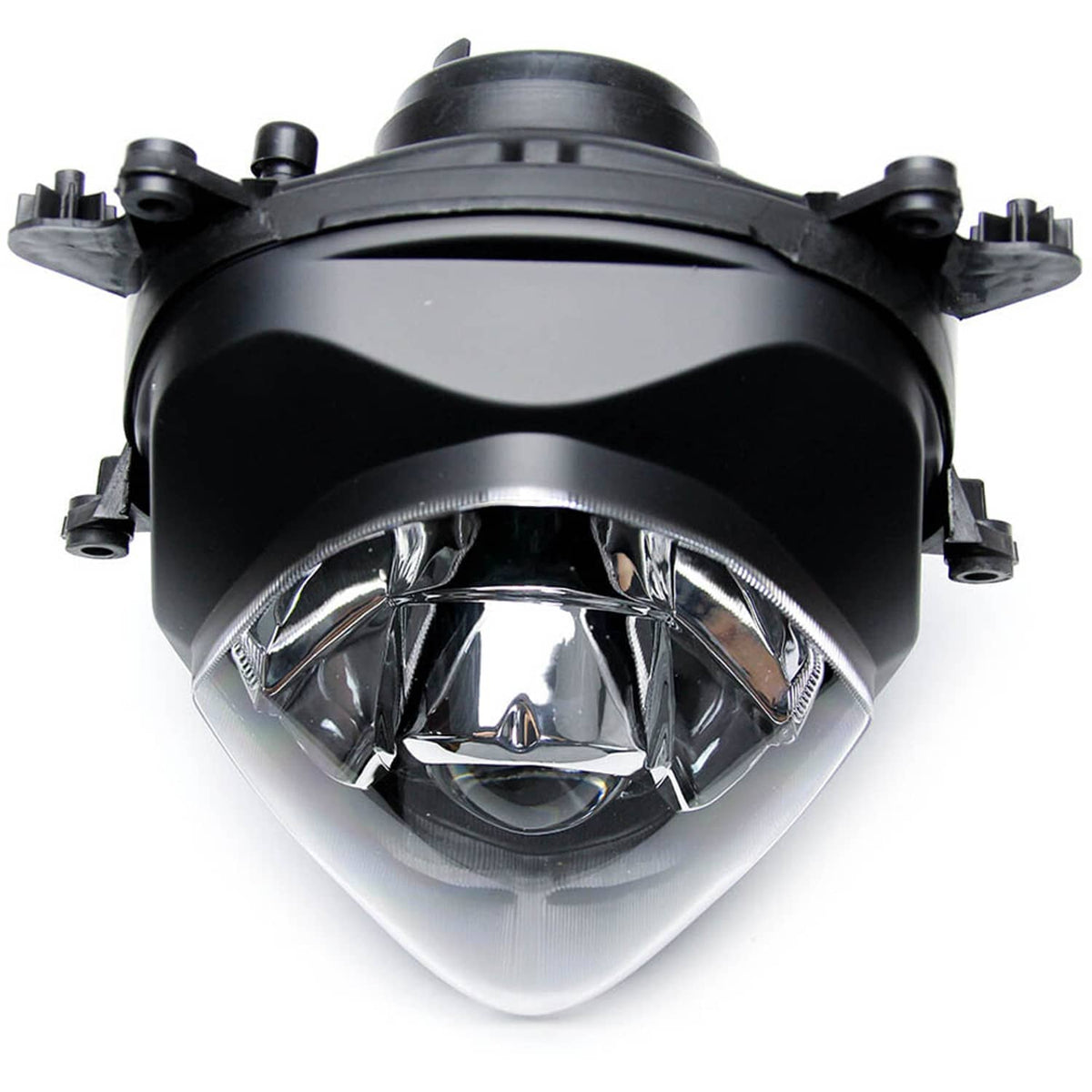 Front headlight assembly close-up with clear projector lens in black shroud