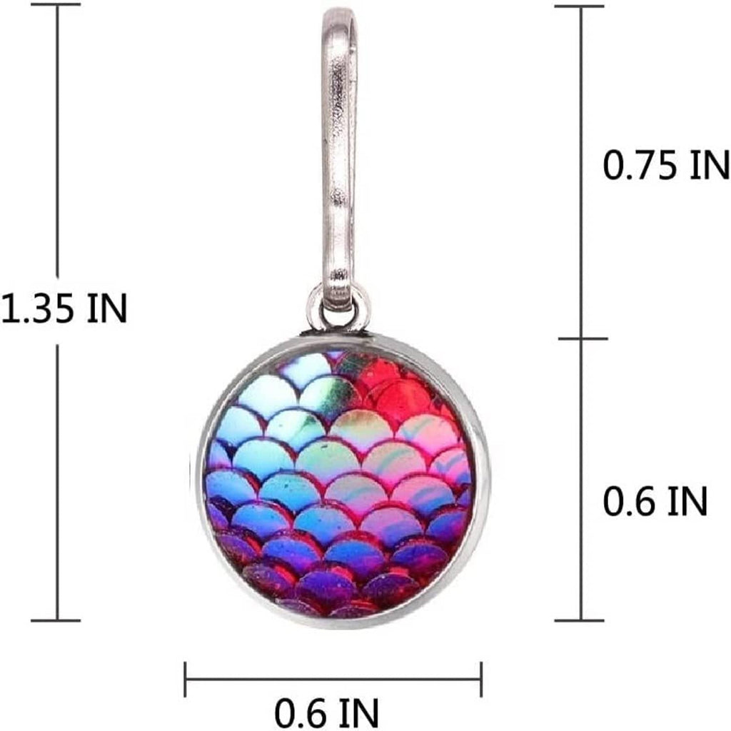 Round iridescent scale zipper pull charm with silver loop, shown with size markings