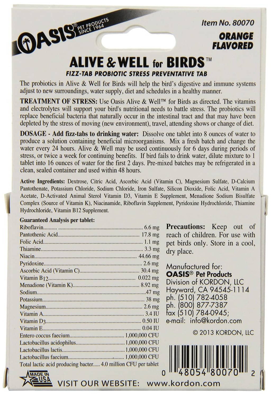 Alive & Well for Birds tablet directions and supplement facts, orange flavor