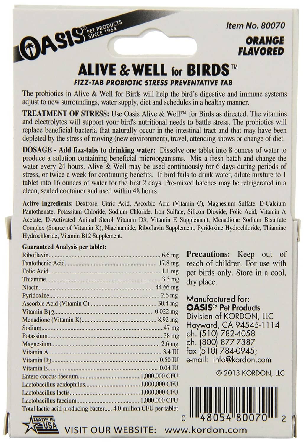 Alive & Well for Birds tablet directions and supplement facts, orange flavor