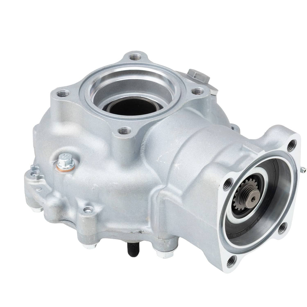 Rear differential housing with side circular bearing port and mounting holes, silver metal