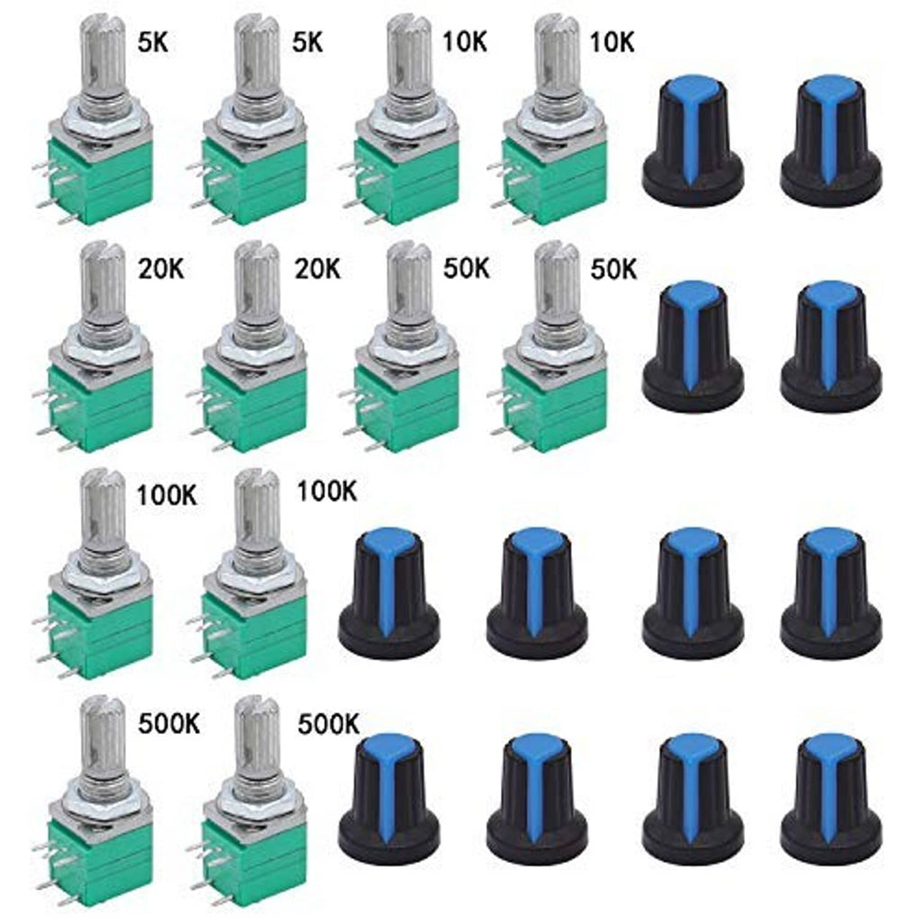 Assorted rotary potentiometers with switch caps, green boards and blue knobs