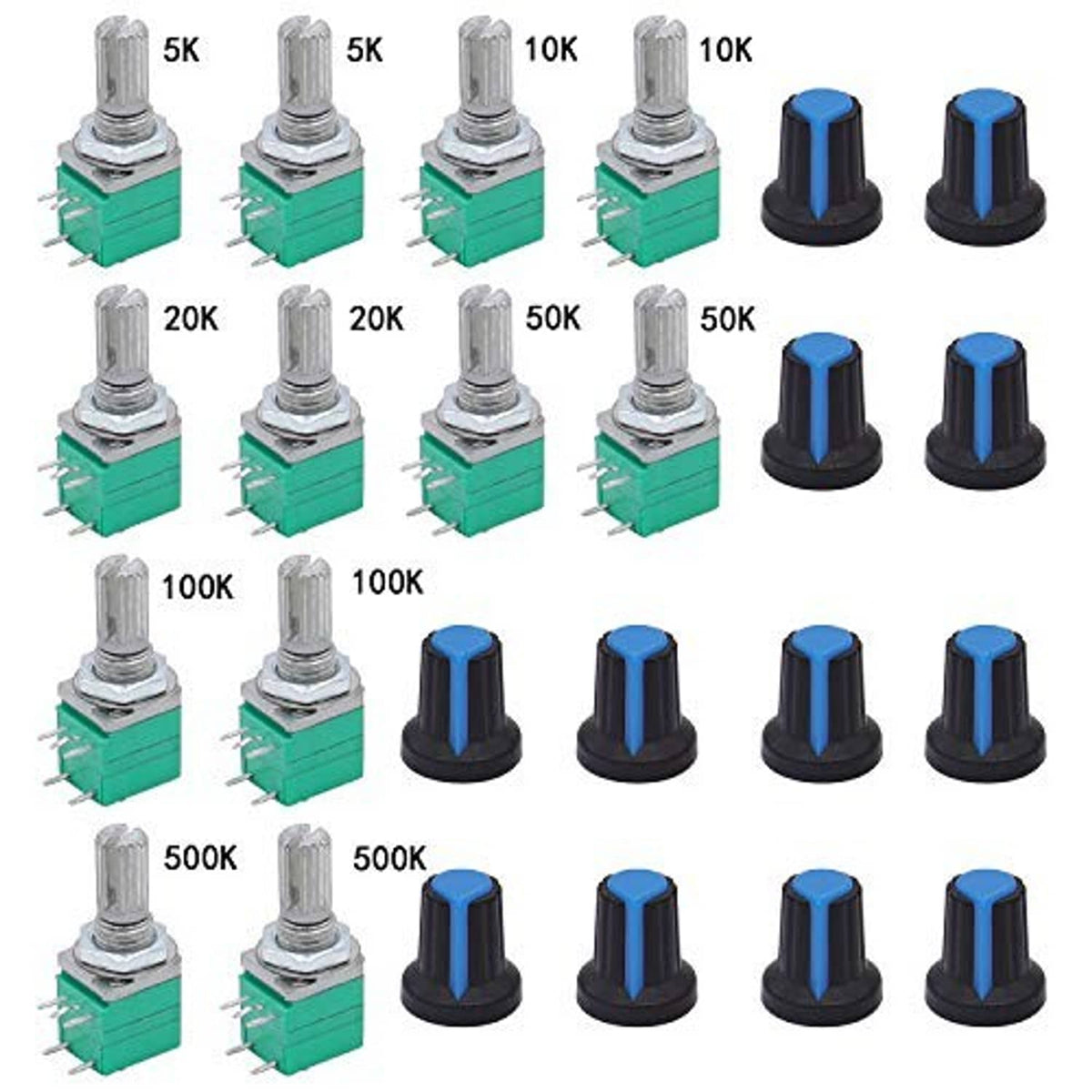 Assorted rotary potentiometers with switch caps, green boards and blue knobs