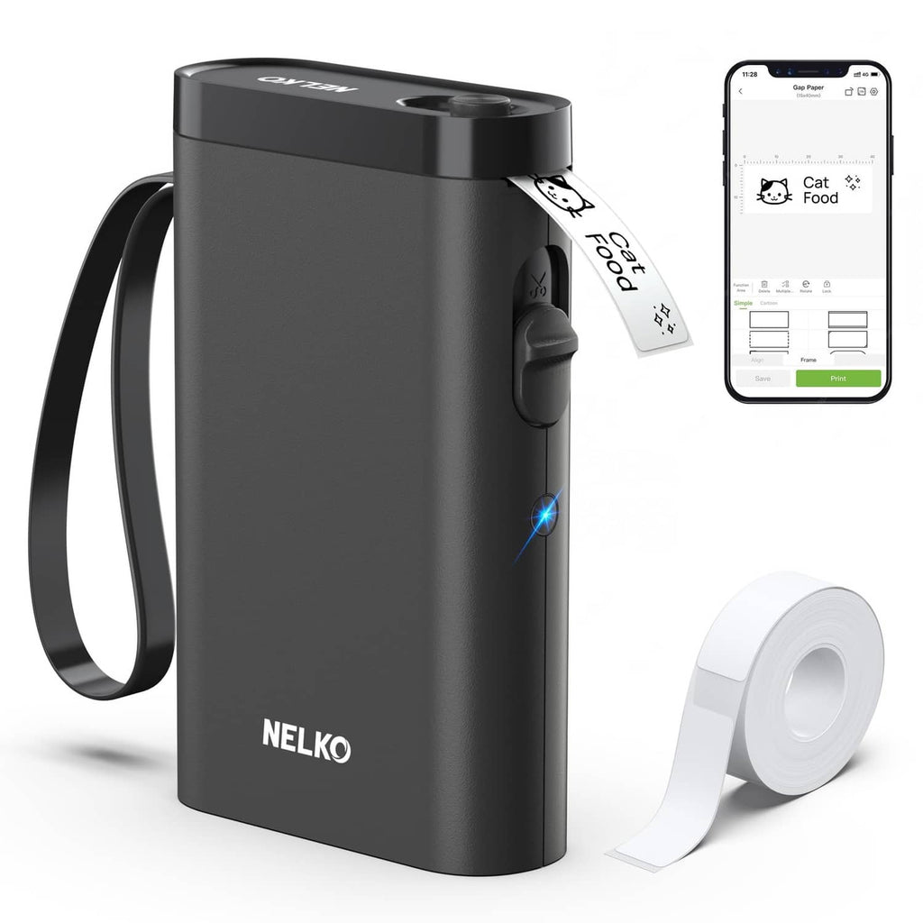 Black Bluetooth label maker with tape roll and smartphone showing a label preview.