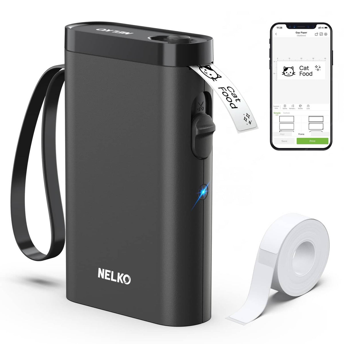 Black Bluetooth label maker with tape roll and smartphone showing a label preview.