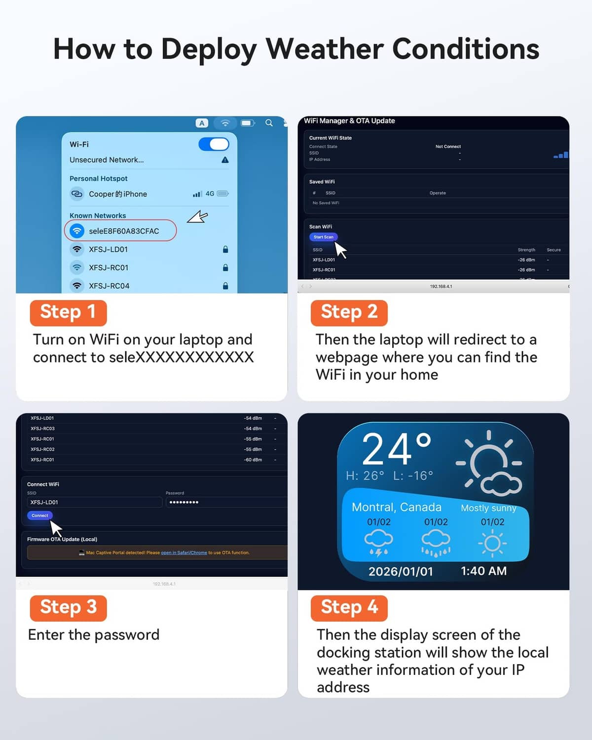 Laptop docking station feature infographic with step-by-step screens for setup and status