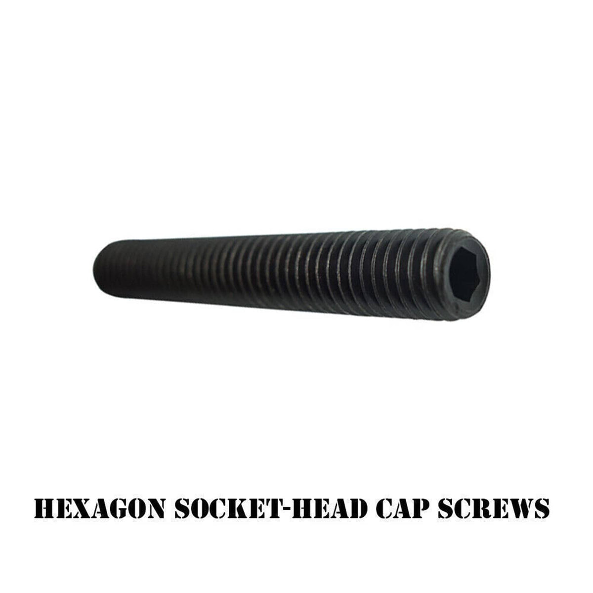 Black hex socket-head cap screw with machine threads and rounded head.