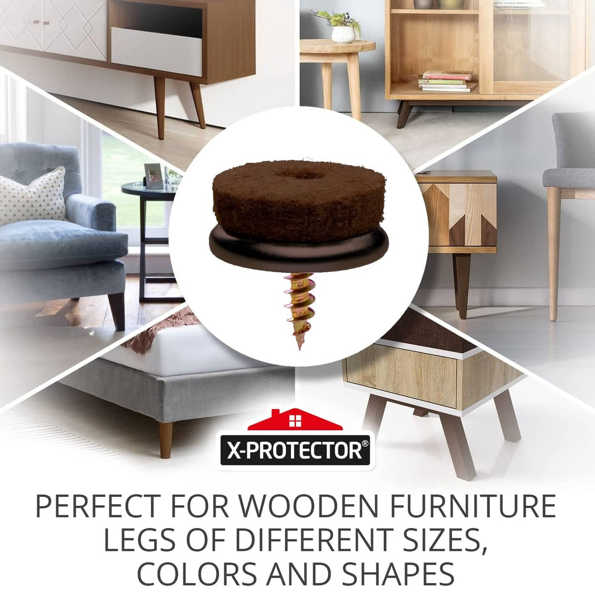 Brown round felt furniture pad with metal screw holder, for 0.8 in legs